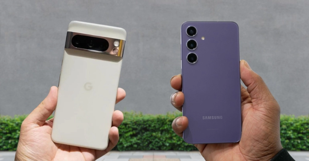 Galaxy S24 với khung kim loại phẳng cạnh và Pixel 8 với viền bo cong mềm mại.
